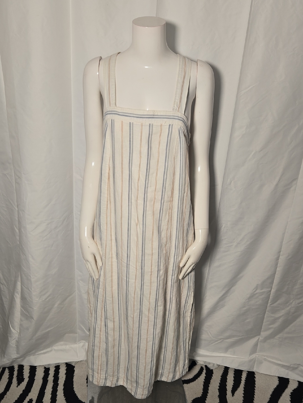 Madewell Striped Linen Maxi Dress in Cream with Blue and Tan Stripes